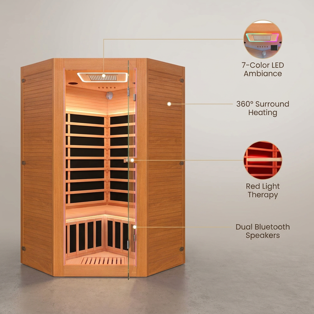 Multifunctional 2-3 Person Infrared Sauna for Home, 2180W Indoor Sauna with 7-Color LED Ambient Light, Red Light Feature, Oxygen Bar, Dual Bluetooth Speakers, 360° Surround Heating — Lifestyle