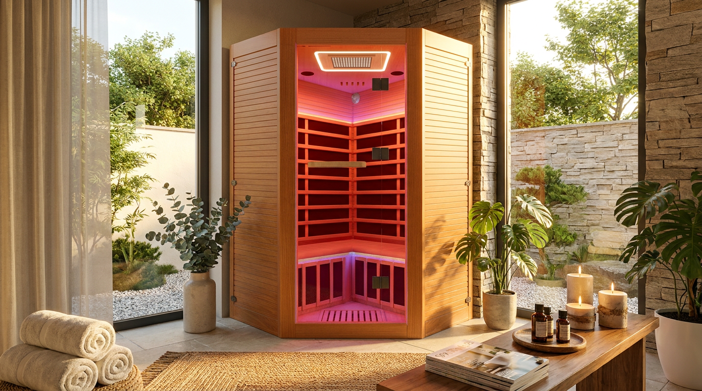 Multifunctional 2-3 Person Infrared Sauna for Home, 2180W Indoor Sauna with 7-Color LED Ambient Light, Red Light Feature, Oxygen Bar, Dual Bluetooth Speakers, 360° Surround Heating — Lifestyle